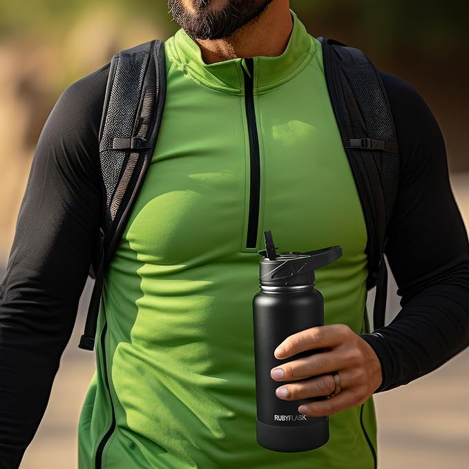 32oz Insulated Water Bottle with Straw, Stainless Steel Metal Vacuum Water Flask, Large Thermal Water bottle with Leakproof 3 Lids for Travel, Camping, Gym Sports Black Gray