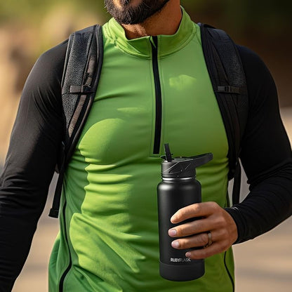 24oz Insulated Water Bottle with Straw, Stainless Steel Metal Vacuum Water Flask, Large Thermal Water bottle with Leakproof 3 Lids for Travel, Camping, Gym Sports Indigo Black
