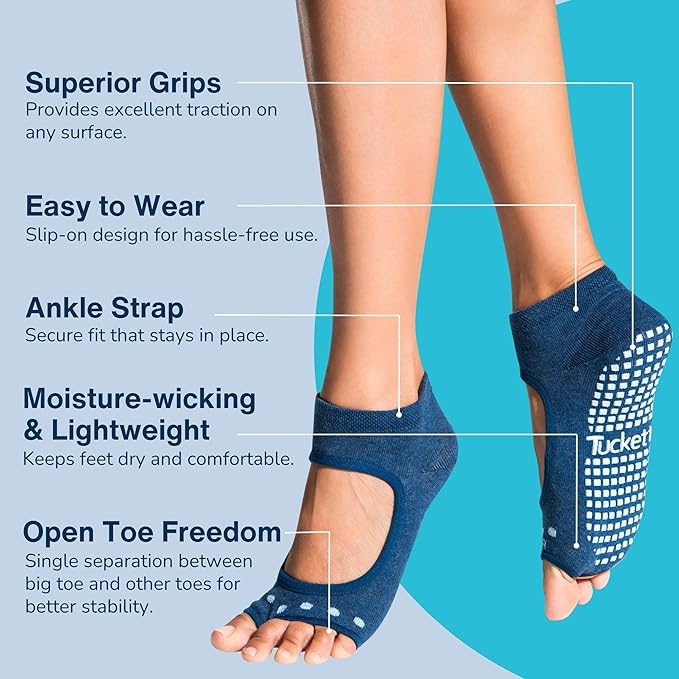 Tucketts Toeless Pilates Socks with Grips for Women, Non-Slip Yoga & Barre Socks for Stability & Barefoot Workouts, Size 6-13