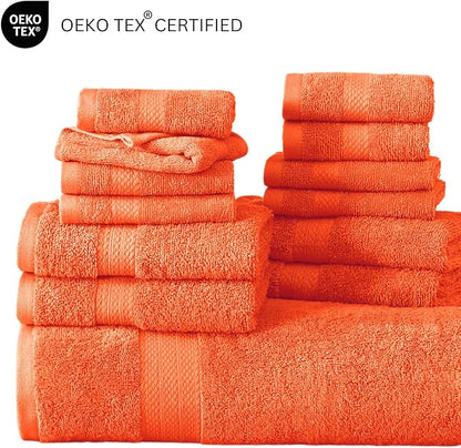 LANE LINEN 100% Luxury Cotton Towel Set for Bathroom - 24 Pc- Absorbent, Skin Friendly, Quick Drying - 2 Bath Sheets, 4 Bath, 6 Hand Towel, 8 Washcloth, 4 Fingertip - Durable & Fluffy - Living Coral
