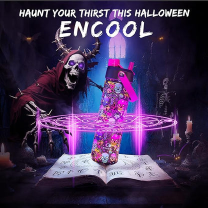 Halloween Insulated Water Bottle with Straw, Stainless Steel Water Bottle, Leak Proof BPA-Free, Keeps Cold for 24 Hours for Sports, Skull Spooky Holiday Gifts (26 oz, Trippy Skulls)