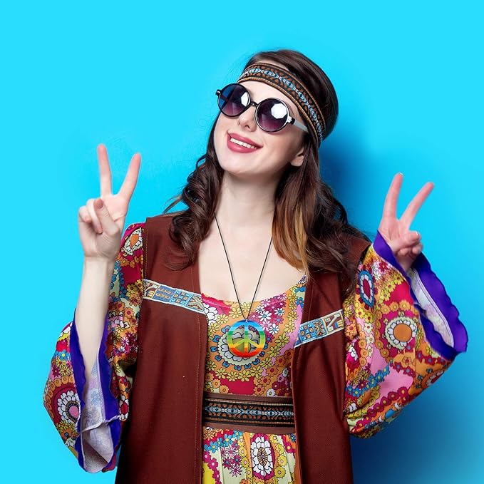 meekoo 12 Pcs Rainbow Peace Necklaces Plastic Hippie Pendant Necklace 60s 70s 80s Costume Accessory Love Peace Sign Gifts for Men Women Halloween Party Supplies