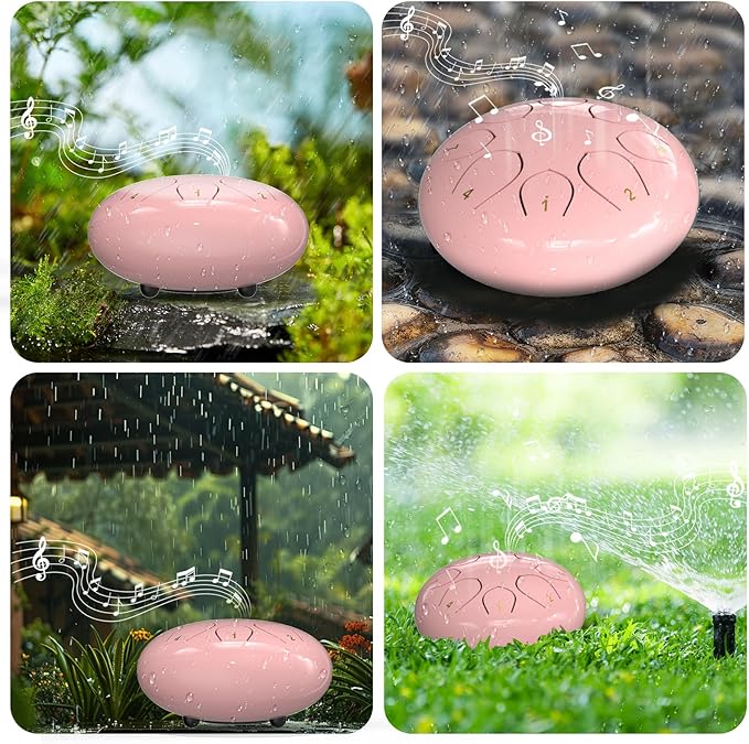 Rain Drum for Outside Garden, 6 Inches 8 Notes Steel Tongue Drums, Waterproof Meditation Echo Rain Chime, Musical Instruments for Adult Gift with Bag, Music Book, Mallets (Pink)