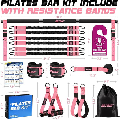Pilates Bar Kit with Resistance Bands for Working Out, 210lbs Heavy Resistance Bands with Handles, Pilates Equipment with Resistance Band Bar for Men Women, at Home Gym Full Body Workout Equipment