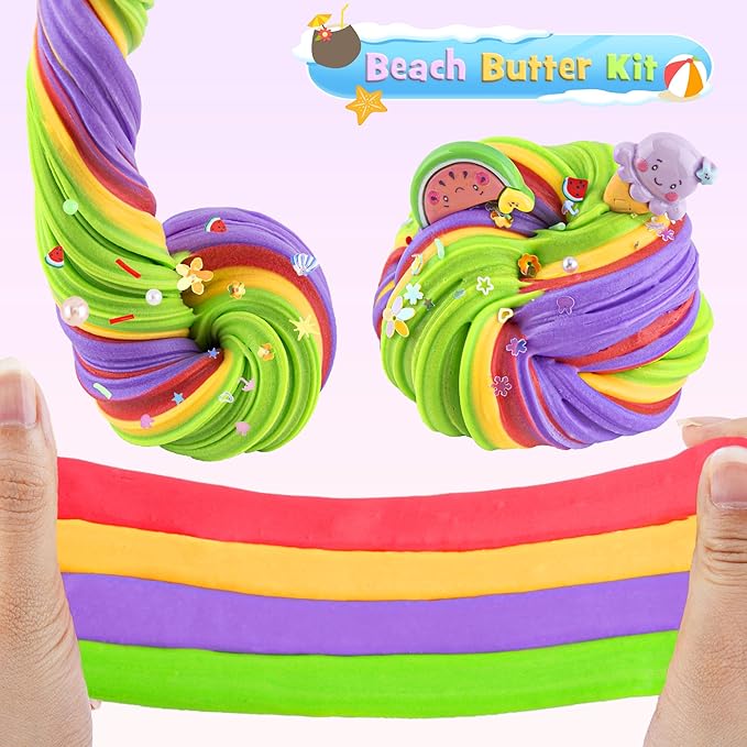 LAWOHO 2X120ml Butter Slime Kit Includes Two-Toned Butter Slime with 6 Packs Add-Ins, Slime for Kids Party Favors, Butter Slime for Kids Birthday Halloween Christmas, Slime Kit for Girls & Boys(Sand)