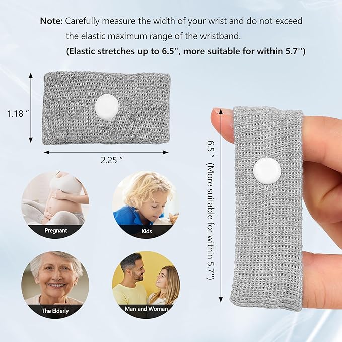 Motion Sickness Wristband, Anti-Nausea Acupressure Wrist Band for Nausea Relief, Dizziness and Vomiting from Car Sea Boat Flying Travel Sickness for Adults and Kids (Grey, Large, 2 Pairs)