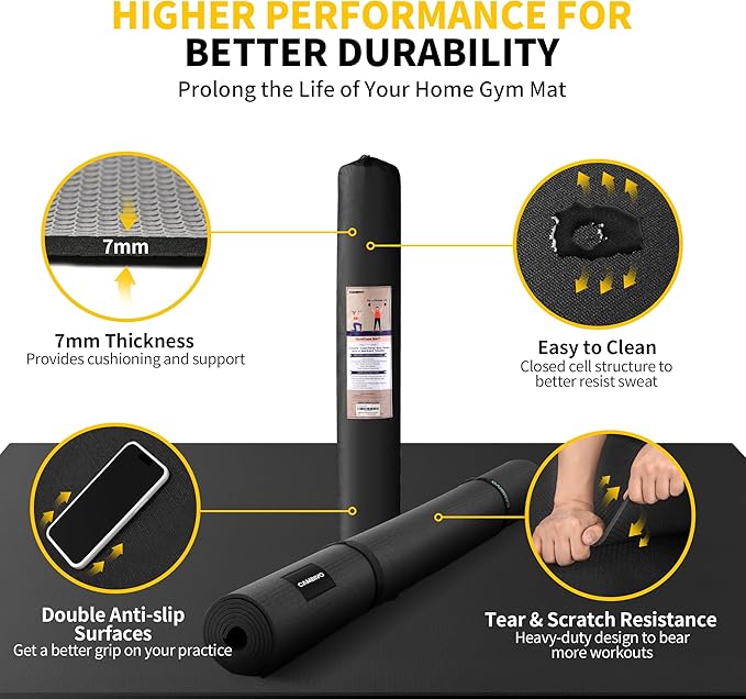 CAMBIVO Large Exercise Mat for Home Workout, 8'x6'/7'x5'/6'x4' (7 mm) Extra Thick Exercise Mat for Home Gym, Shoe-Friendly, Non-Slip Gym Mat for Jump Rope, Weights, Cardio, Fitness