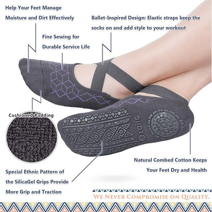 Ozaiic Yoga Socks for Women Non-Slip Grips & Straps, Ideal for Pilates, Pure Barre, Ballet, Dance, Barefoot Workout