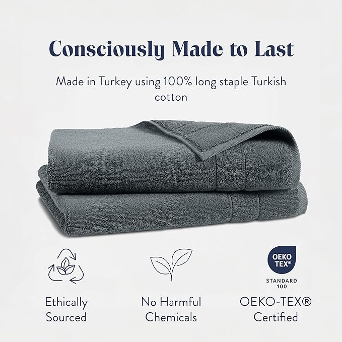 Brooklinen Super-Plush Turkish Cotton Hand Towels Set of 2 Cotton, 820 GSM, Highly Absorbent, Machine Washable, Perfect for Home & Bathroom (20"x30", Slate Grey)