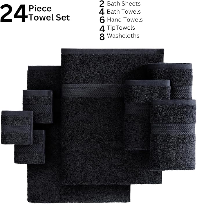 Lane Linen 100% Cotton Bathroom Towel Set - 24 Pc - Durable & Absorbent, Super Soft, Daily Use, Machine Washable - 2 Bath Sheet, 4 Bath, 4 Fingertip, 6 Hand, 8 Washcloth - For Boys, Gym & Dorm - Black