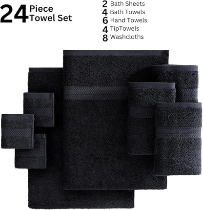 Lane Linen 100% Cotton Bathroom Towel Set - 24 Pc - Durable & Absorbent, Super Soft, Daily Use, Machine Washable - 2 Bath Sheet, 4 Bath, 4 Fingertip, 6 Hand, 8 Washcloth - For Boys, Gym & Dorm - Black