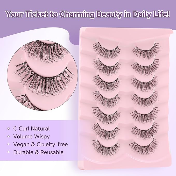 Natural Lashes False Eyelashes Wispy Eye Lashes 13mm Short Eyelashes with Thin Memory Band Volume Wispy Lashes Soft Strip Lashes Pack C Curl Natural Eyelashes Fake Lashes 7 Pair EVENTILL