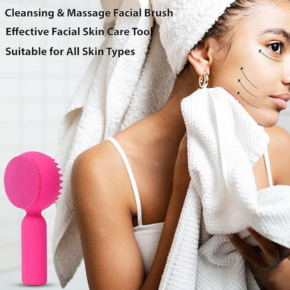 Silicone Facial Cleansing Brush 2 in 1 Silicone Facial Scrubber Manual Exfoliating Facial Brush Face Cleanser Face Exfoliator Ultrafine Bristles for Sensitive Skin Easy to Clean Lather Well (Rose-red)