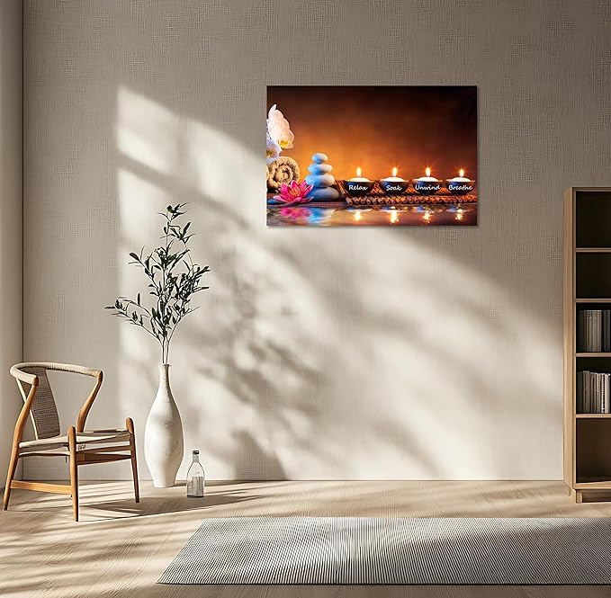 Zen Wall Art Decor Breathe Canvas Picture Candles Relaxing Peaceful Poster Prints for Zen Spa Room Living Room Bedroom(16.00" x 24.00")
