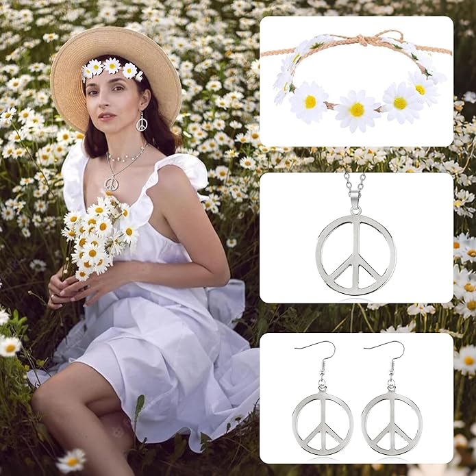 choice of all Peace Sign Necklace Earrings Sunflower Headband Set for Women 60s 70s Outfits Hip Hop Hippie Jewelry Halloween Costume Accessories