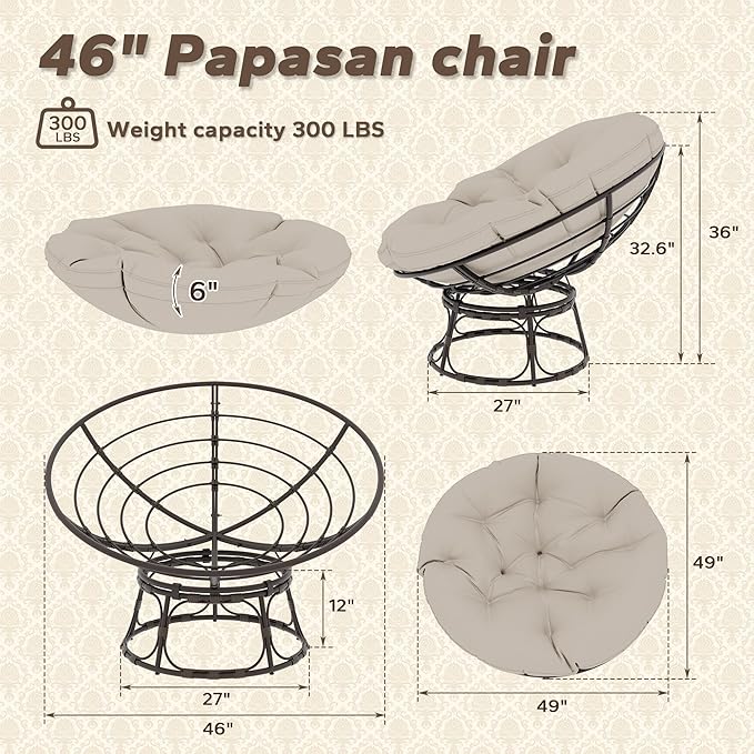 46'' Large Size Papasan Chair with Cushion and Frame, Lazy Circle Round Chair for Bedroom and Living Room, Beige