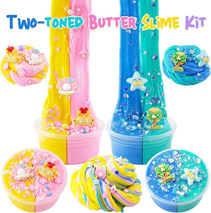 LAWOHO Butter Slime Kit Includes 2X120ml Two-Toned Butter Slime with 6 Packs Add-Ins, Slime for Kids Party Favors, Non Stick Kids Slime Kit for Girls Boys Birthday Easter Christmas Ages 8-12(Ocean)