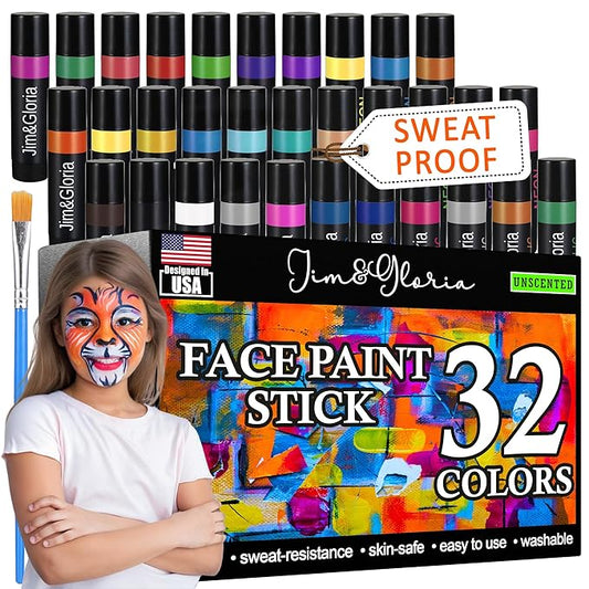 Jim&Gloria Water Based Face Paint Sticks Bulk 32 Professional Face Painting Kit for Kids Party, Metallic, Neon, Classic Facepaint Crayons, Washable Body Paint Adults Cosplay, Clown, Halloween Makeup