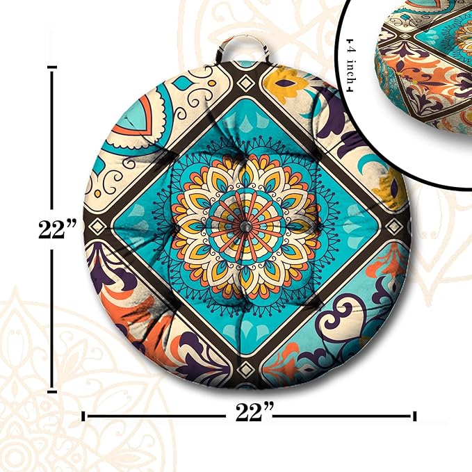 Mandala Meditation Cushion, Boho Meditation Mat, Meditation Pillows for Sitting on Floor, Cushions for Sitting in Home and Outdoor, Round Floor Pillows Cushion Seating for Yoga 22'' X 22''