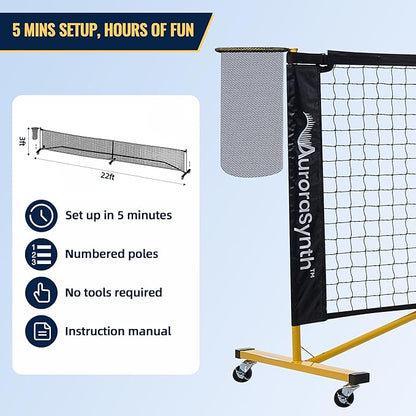 AuroraSynth Portable Pickleball Net Set with Wheels, 22 x 3ft Regulation Size Pickle Ball Net with Ball Collector, 4 Pickle Balls, 4 Pickleball Paddles, Carry Bag for Backyards, Driveway, Garage