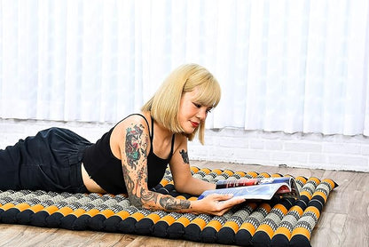 Leewadee - Kapok Roll Mat – Handcrafted Folding Sleep & Relaxation Mattress from Thailand, Ideal as Guest Bed, Camping Mat, Yoga Mat or Traditional Futon, 75 x 39 inches, Black Orange
