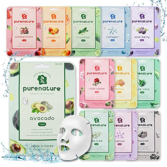 PB&Jay Purenature Hydrate and Calm Facial Mask - 12 Pack Acai Berry,Vita c,retinol and more, Made in Korea, Face Mask Skincare for Hydration, Skincare Face Mask, Moisturizing Mask for Sensitive Skin