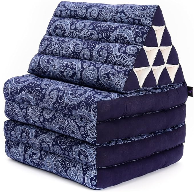 Leewadee Comfortable Japanese Floor Mattress - Thai Floor Bed with Triangle Cushion - Futon Mattress - XL Extra Long Thai Massage Mat, 89 x 20 inches, Blue White, Kapok Filling