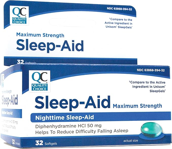 Quality Choice Max Strength Sleep Aid, Nighttime Sleep Aid Diphenhydramine HCI 50 mg, Non Habit Forming for Occasional Sleeplessness, Easy to Swallow Softgels, 32 Count Bottle