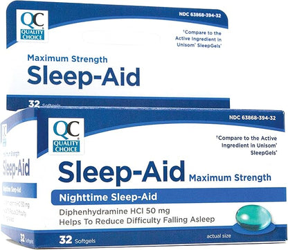 Quality Choice Max Strength Sleep Aid, Nighttime Sleep Aid Diphenhydramine HCI 50 mg, Non Habit Forming for Occasional Sleeplessness, Easy to Swallow Softgels, 32 Count Bottle