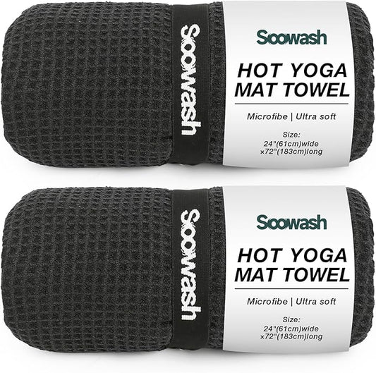2 Pack Hot Yoga Towel Yoga Mat Towels Non Slip for Hot Yoga Stickyfiber Microfiber Quick Dry Soft Absorbent with Corner Pockets Cover Bikram Pilates Exercise Fitness 24" X 72"Black