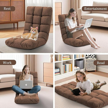 Folding Floor Chair with Back Support, 14 Adjustable Positions, Breathable Padded Sleeper Bed, Couch Recliner, Gaming Sofa Chair for Adults & Kids, Perfect for Meditating, Reading, Living Room (Brown)