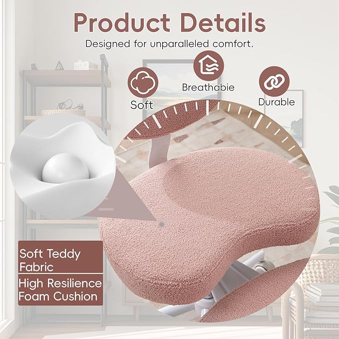 Meditation Chair with Wheels, Ergonomic Criss Cross Chair, Adjustable ADHD Floor Sitting Chair, Swivel Cross Legged Office Chair with High Back, Kneeling Posture Chair, Teddy Fabric,Pink