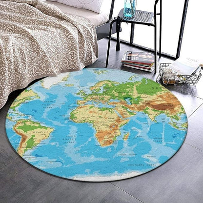 Soft Round Yoga Carpet, Large Home Decor Mat, Non-Slip Machine Washable Kitchen Office Circle Rug Compatible with World Map