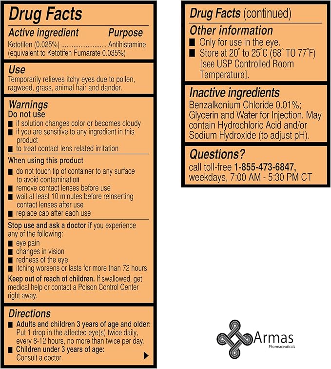 Armas Allergy Eye Drops, Itch Relief, Works in Minutes, Relief for Up to 12 Hours, Prescription Strength, Ketotifen Antihistamine Solution, 30 Day Supply, 0.17 Fl Oz