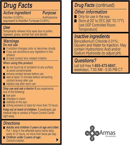 Armas Allergy Eye Drops, Itch Relief, Works in Minutes, Relief for Up to 12 Hours, Prescription Strength, Ketotifen Antihistamine Solution, 30 Day Supply, 0.17 Fl Oz