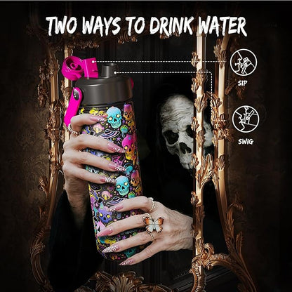 Halloween Insulated Water Bottle with Straw, Stainless Steel Water Bottle, Leak Proof BPA-Free, Keeps Cold for 24 Hours for Sports, Skull Spooky Holiday Gifts (26 oz, Trippy Skulls)