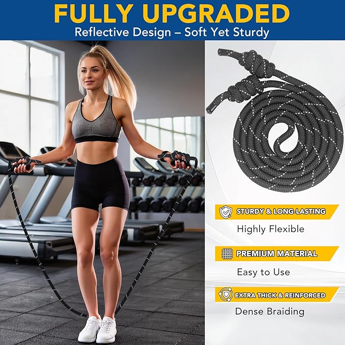 Upgraded Reflective Flow Rope Jump Rope – Premium Double Woven Adjustable Workout Rope for Men & Women, Soft yet Sturdy Reflective Reinforced Polyester for Boxing, HIIT & Home Gym