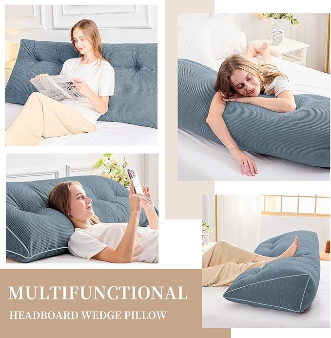 Sasttie Headboard Pillow Full, Wedge Pillow Headboard for Sitting Up in Bed, Back-Rest Support Triangular Cushion for Reading - Features Removable Washable Cover, Greyish Blue