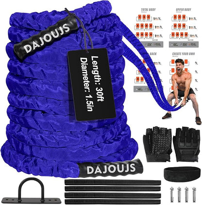 Battle Ropes for Home Gym 1.5Inch Diameter 30FT Lengths Workout Heavy Battle Ropes for Exercise Training Weighted Ropes, Working Out Exercise Equipment with Protective Cove - Blue