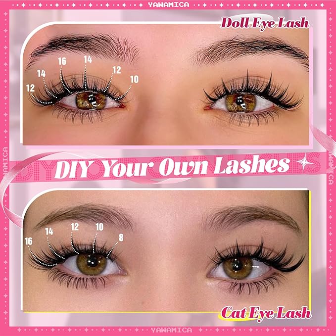 Yawamica Fairy Lash Clusters DIY Eyelash Extensions Manga Eyelash Clusters C Curly Spiky Anime Lashes Wispy Individual Lashes 8-16mm with 5-6mm Bottom Lashes Clusters for Manga Lash look (Fairy)