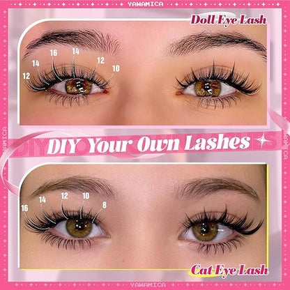 Yawamica Fairy Lash Clusters DIY Eyelash Extensions Manga Eyelash Clusters C Curly Spiky Anime Lashes Wispy Individual Lashes 8-16mm with 5-6mm Bottom Lashes Clusters for Manga Lash look (Fairy)
