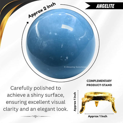 Amazing Gemstone Angelite Crystal Ball with Stand - 2" Inches Crystal Sphere Meditation Balls for Witchcraft and Decorative Balls