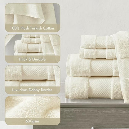 Madison Park Turkish 100% Cotton 600Gsm Luxury Premium Thick Soft Absorbent Hotel Bathroom Towel Set Shower Hand Face Washcloths, Assorted Sizes, Natural 6 Piece