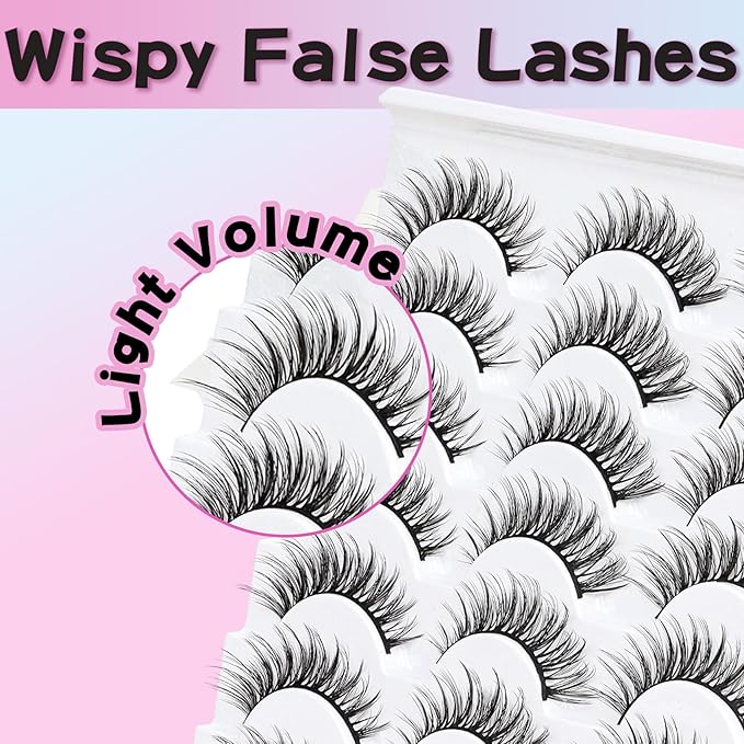 Losha Lashes Wispy False Lashes 14 Pairs Natural Fake Eyelashes Lightweight Soft False Eyelashes Fluffy Faux Mink Lashes Pack (G2-M)