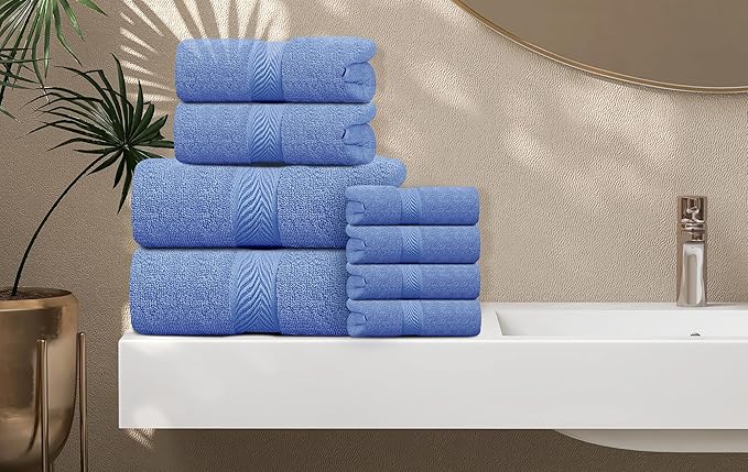 Oakias Premium Towel Set 600 GSM 8 Piece Blue - 100% Ring Spun Cotton Highly Absorbent Towels Set - Super Soft Bathroom Towel Set - Hotel Quality Double Stitched Hem - Ideal for Hotels, Spa, Gyms