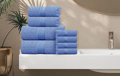 Oakias Premium Towel Set 600 GSM 8 Piece Blue - 100% Ring Spun Cotton Highly Absorbent Towels Set - Super Soft Bathroom Towel Set - Hotel Quality Double Stitched Hem - Ideal for Hotels, Spa, Gyms