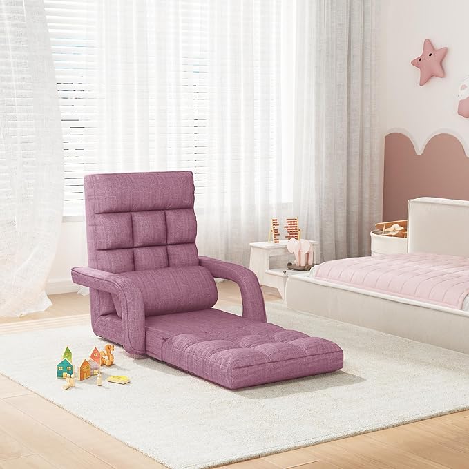 Adjustable Floor Gaming Chair for Adults, 6-Position Chaise Lounge Chair with Meditation Arm, Foldable Lazy Sofa with Pillow, Comfy Chair Indoor for Bedroom Dorm Living Room, Purple