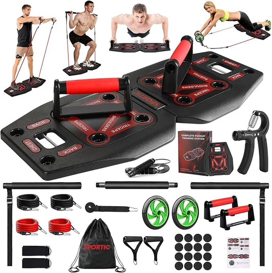 Push Up Board with Resistance Bands & Ab Roller – Portable Home Gym Equipment for Upper Body & Full-Body Workouts – Includes Pilates Bars & Accessories – Ideal for Men & Women