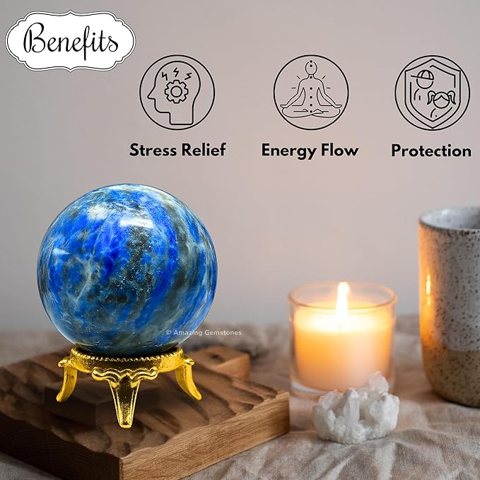 Amazing Gemstone Lapis Lazuli Crystal Ball with Stand - 2" Inches Crystal Sphere Meditation Balls for Witchcraft and Decorative Balls