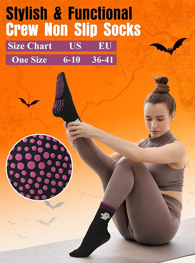 Toes Home Pilates Socks for Women with Non Slip Grippers, Yoga Crew Socks for Barre Hospital Sticky Slipper Socks 4 Pairs